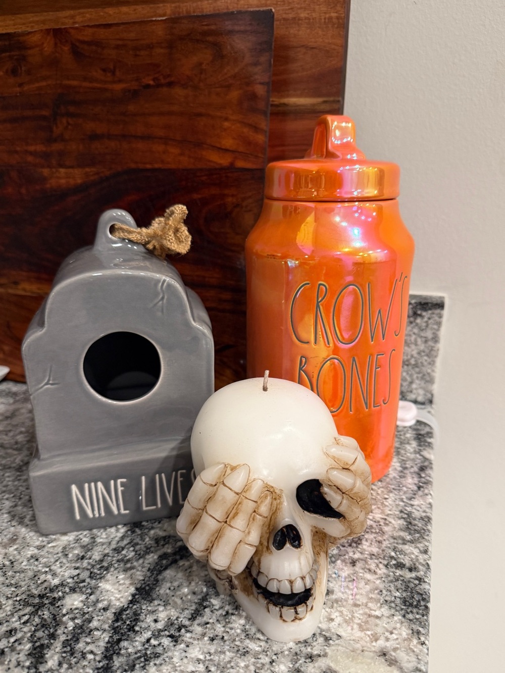 Halloween Decor Lot, Ra Dunn Orange Iridescent Canister and Bird Feeder, Candle